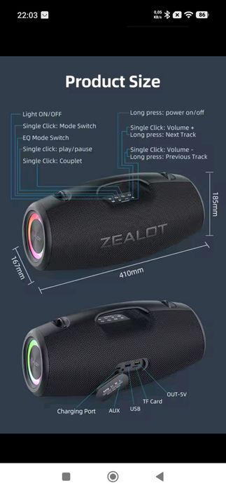 Coluna bluetooth zealot