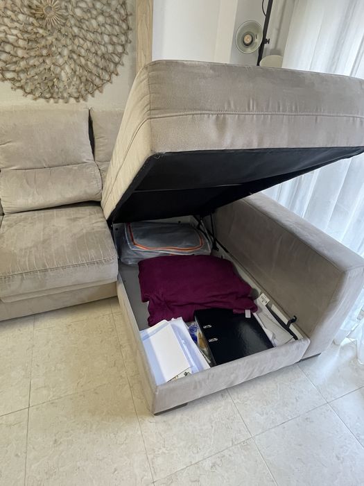 Sofá Chaise Longue em Tecido Bege – Grande e Confortável