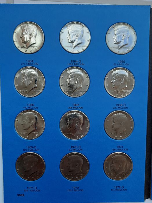 Zestaw wszystkich srebrnych monet Kennedy Half Dollars 1964 - 1970