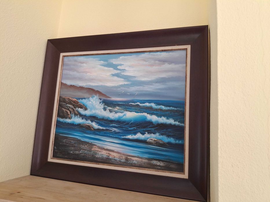 Quadro Pintura a Óleo "Marinha" com Moldura em Madeira Maciça - 78x68 cm