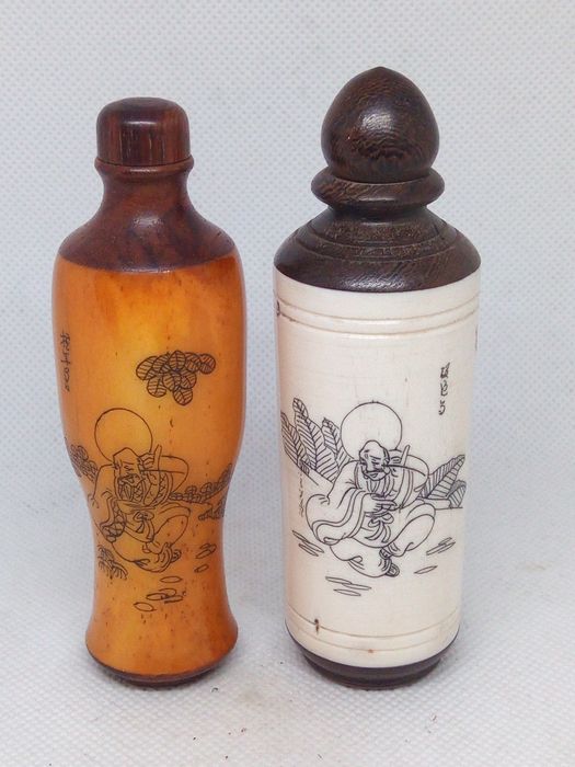 Frascos chineses snuff bottle em madeira e osso