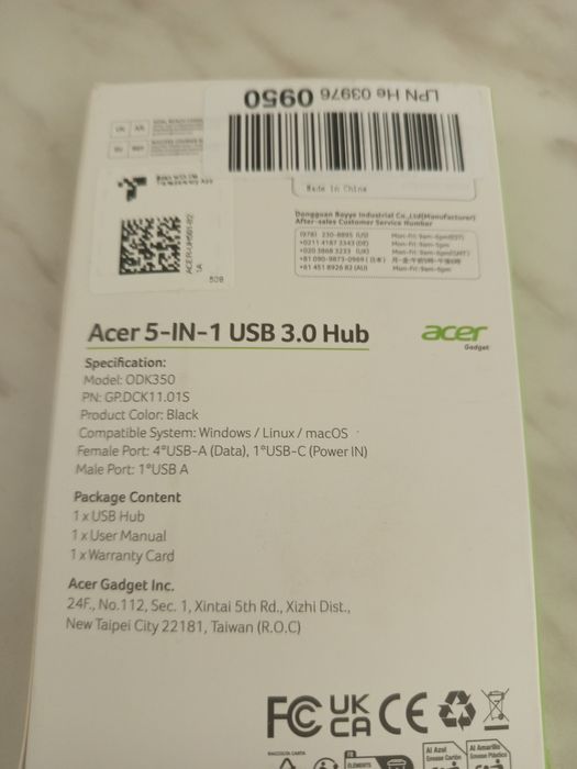 NOWY Hub USB 3.0 Acer 5-w-1 | 4x USB-A + Zasilanie USB-C | ODK350