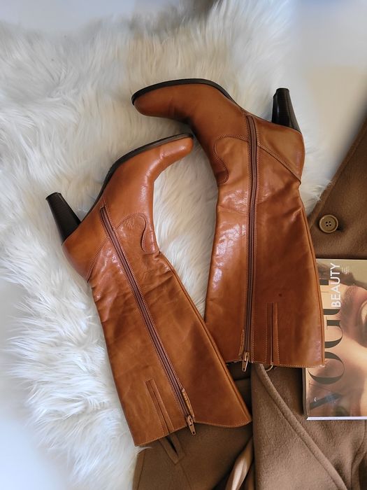 Carmelowe toffee skórzane długie kozaki damskie botki buty na obcasie