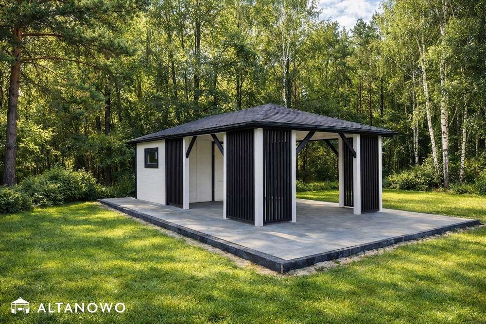Letniskowy domek ogrodowy z altaną drewniany | producent