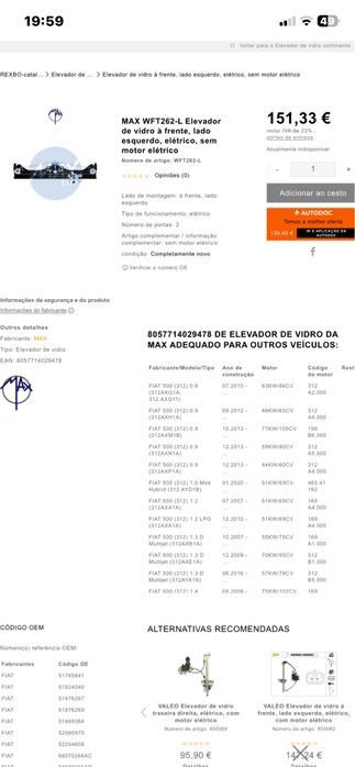 Elevador vidro condutor novo Fiat 500 modelo de 2010