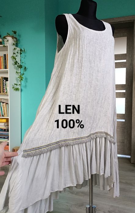 Włoska sukienka tunika len Italy asymetryczna Boho retro scandi vintag