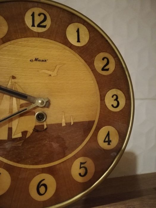 zegar prl Majak żaglówki drewno intarsja wiszący serwisowany