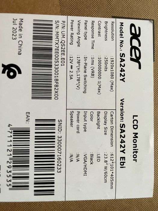 Монитор 23.8" Acer SA242YEbi Black Full HD IPS, 100Hz, 1ms, HDMI/VGA: 5 ...