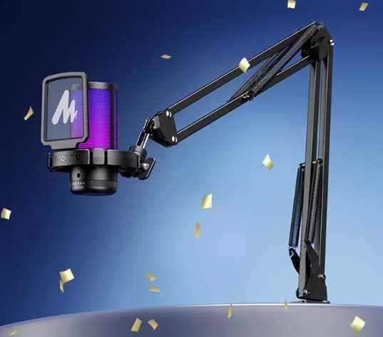 Microfone Gaming MAONO USB Condensador RGB com Redução de Ruído, Braço, Mute e Controlo de Ganho para Streaming e Podcast NOVO