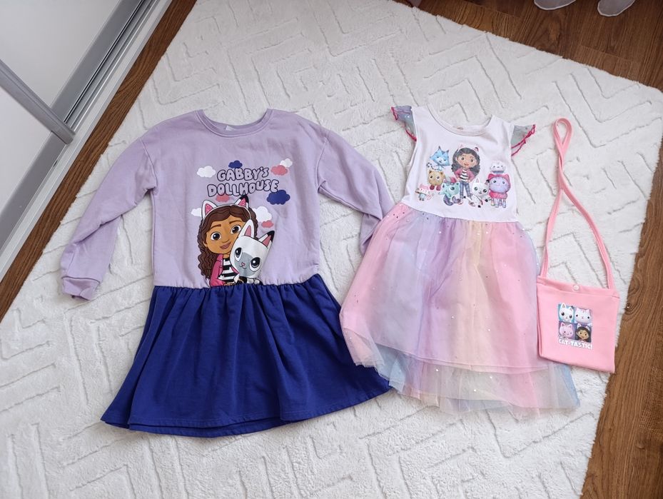 2 sukienki Koci domek Gabi r.122/128 i torebka, stan bardzo dobry