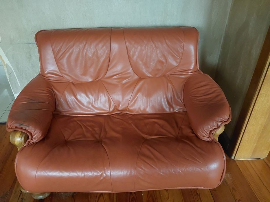 Komplet wypoczynkowy dębowy skóra naturalna