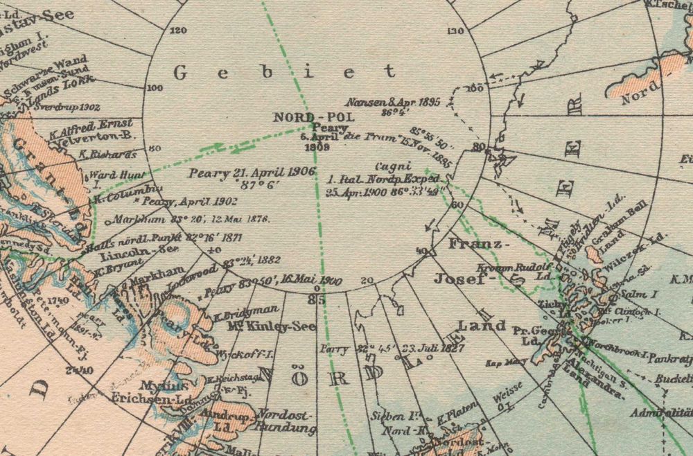 Arktyka Biegun Pn. Wyprawy polarne. Stara mapa 1927 r. oryginał