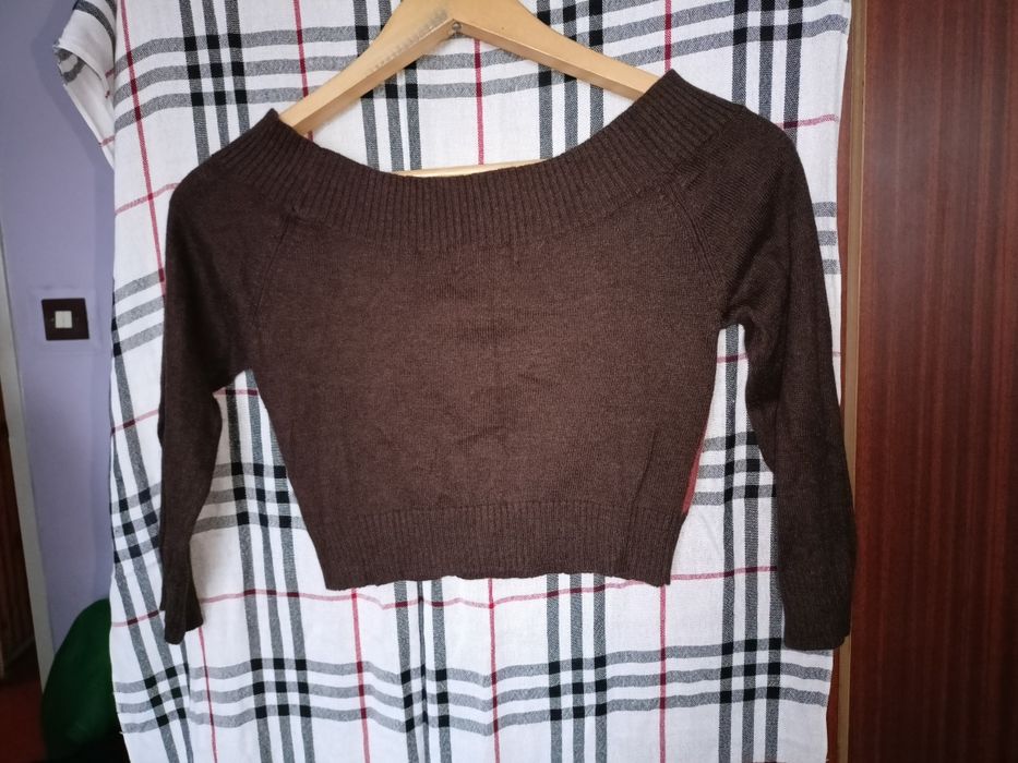 326 krótki sweterek vintage rękaw 3/4 brąz r. S
