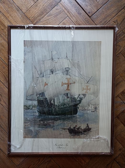 Moldura e vidro com reprodução de "Naus subindo o Tejo", Aguarela de R