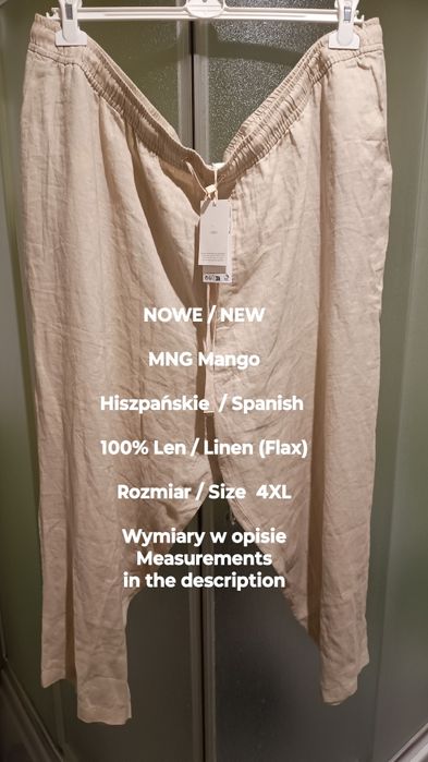 MNG Mango  NOWE  Hiszpańskie luźne spodnie lniane, 100% Len, Roz. 4XL