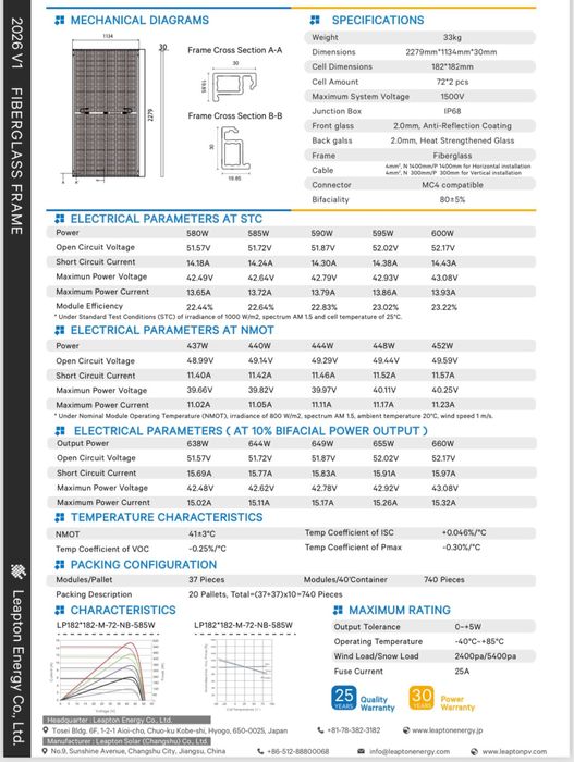 Сонячна панель Leapton 590W Bifacial LP182*182-M-72-NB (N-Type) солнечная панель 590 вт солнечная батарея 590вт