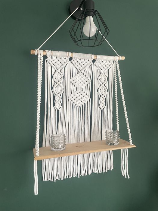 Makrama biala polka 50 cm drewno