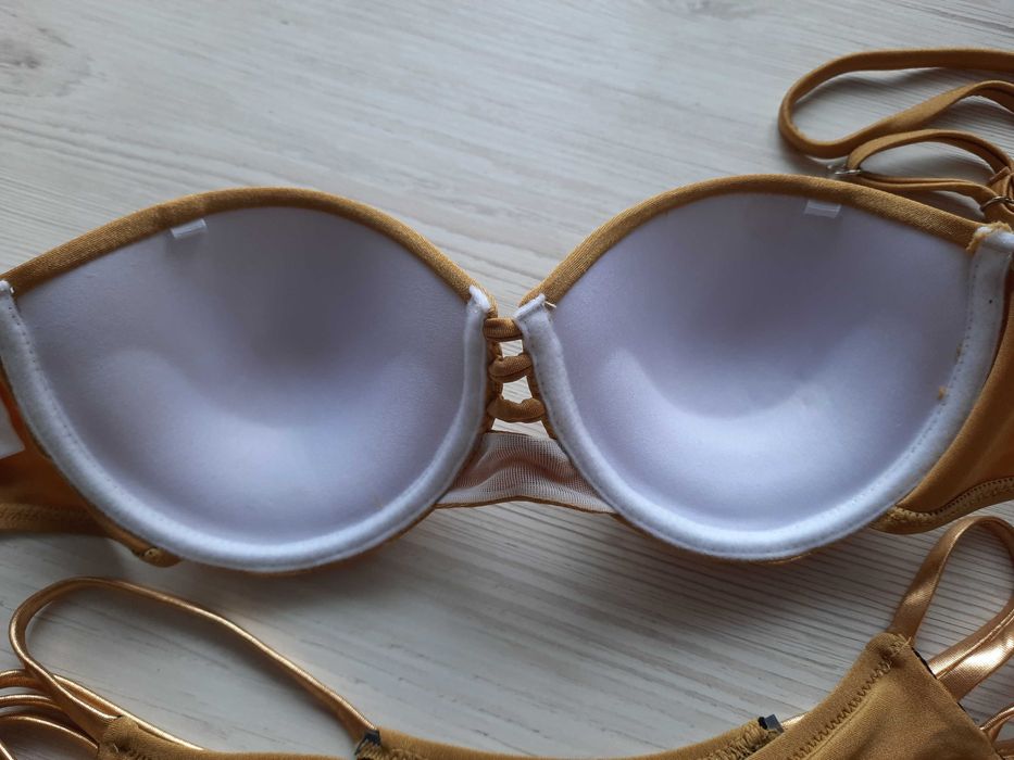 Золотой купальник бандо пуш-ап твердая чашка блестящий бронзовый р.S