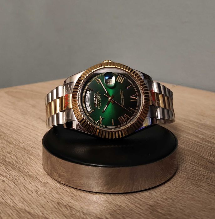 Seiko MOD Day-Date Zielony Złoty Rzymski Custom Nowy Zegarek Męski