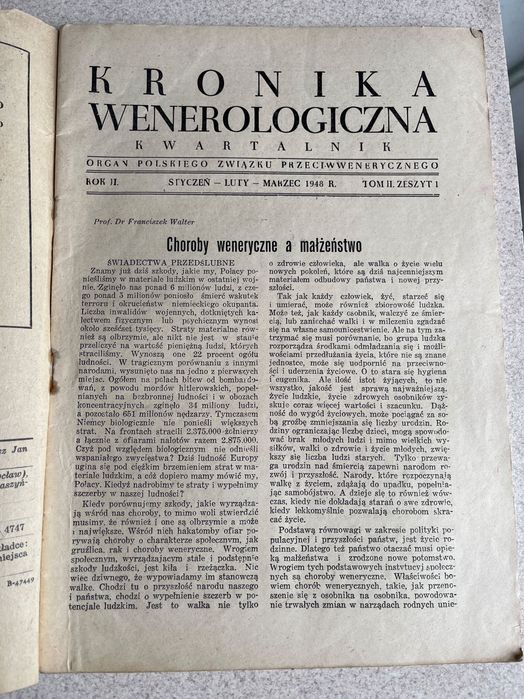Stara gazeta kwartalnik Kronika Wenerologiczna styczeń marzec 1948