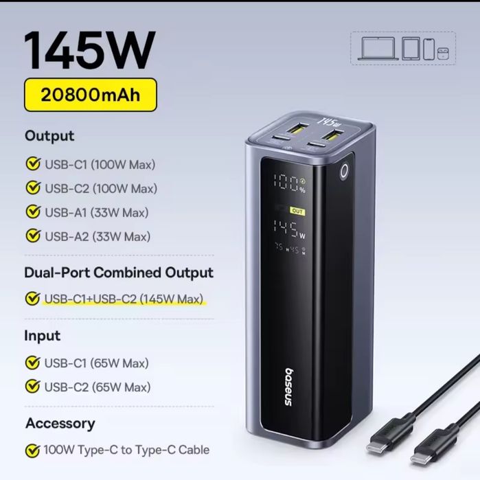 Повербанк Baseus 145W 20800mah