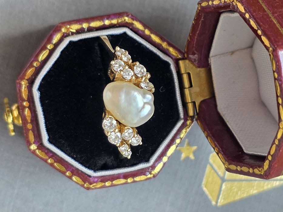 R.20 Pierścionek Diamenty 0.4ct Perła Akoya Barok Złoto 585 WYCENA 6700zł