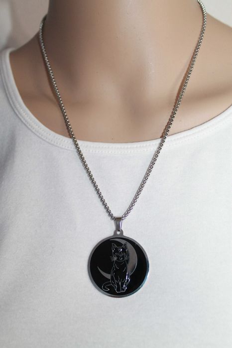 Naszyjnik amulet DUŻY KOT KSIĘŻYC gotyk SREBRNO - CZARNY na prezent
