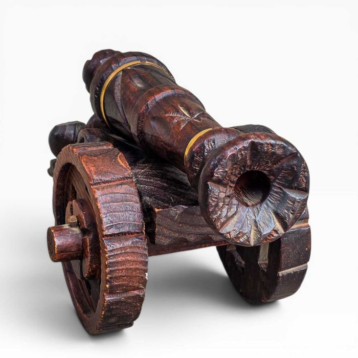 Canhão Decorativo Antigo Madeira Talhada | 45cm | Peça de Coleção