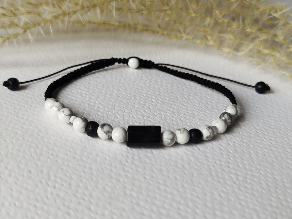 Bransoletka i pierścionek, kamienie naturalne Turmalin Howlit Biały