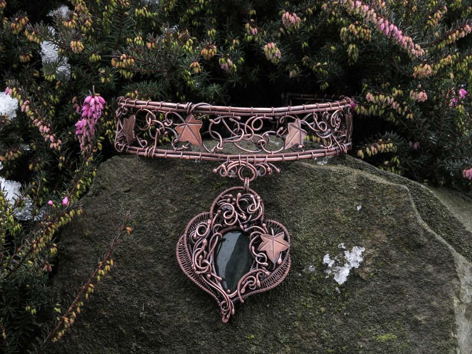 Unikatowa miedziana obroża, bluszcz, awenturyn, rękodzieło