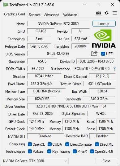 ASUS TUF Gaming GeForce RTX 3080 10GB OC