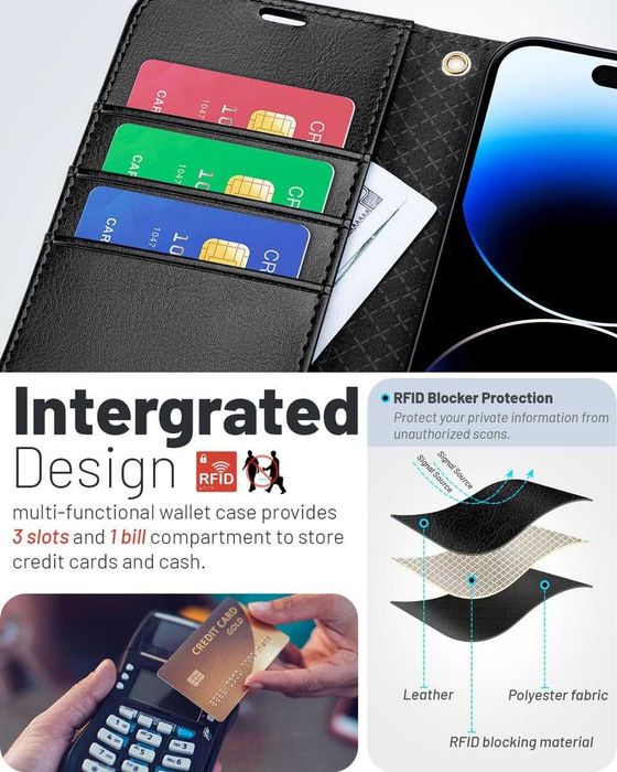 OCASE etui skórzane do iPhone 15 RFID z klapką portfel stojak czarne