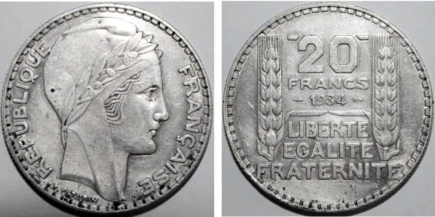 Moedas Francesas - 20 Francos (em Prata)