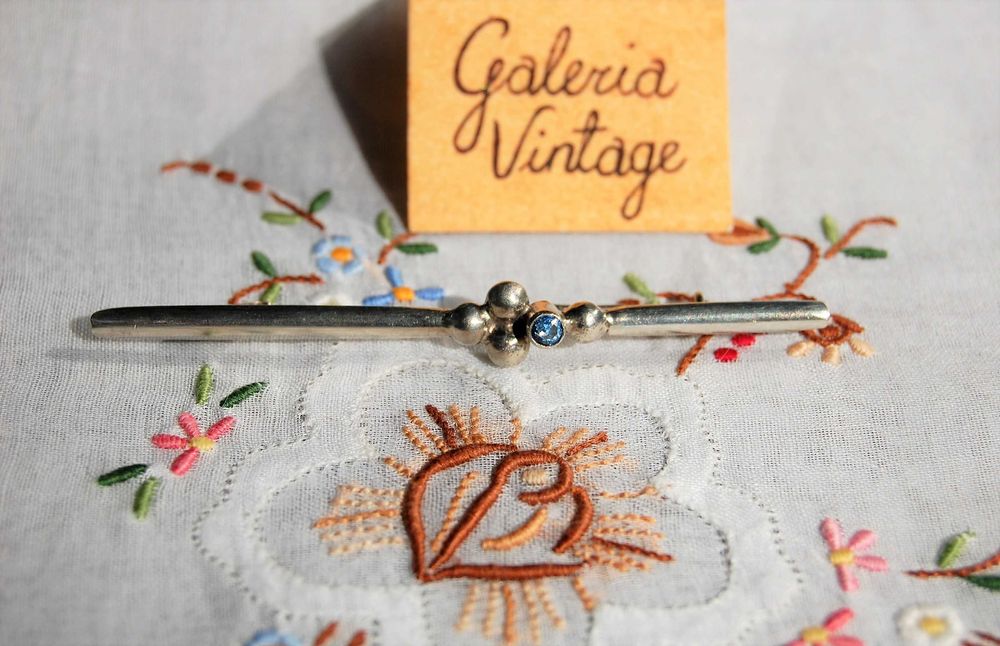 Stara broszka, błękitny topaz, srebro, Warmet, PRL, vintage