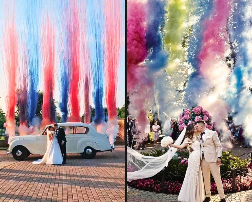 Kolorowe miny dymne na ślub cywilny w plenerze, wesele