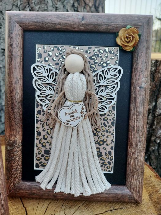 Ramka Aniołek na Szczęście Boho Makrama Dzień Babci Dziadka