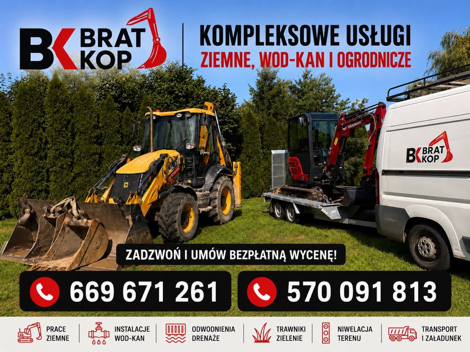 Usługi koparką | Minikoparka | Koparko-ładowarka | Prace ziemne | Wykopy | Wod-Kan | Drenaże | Trawniki