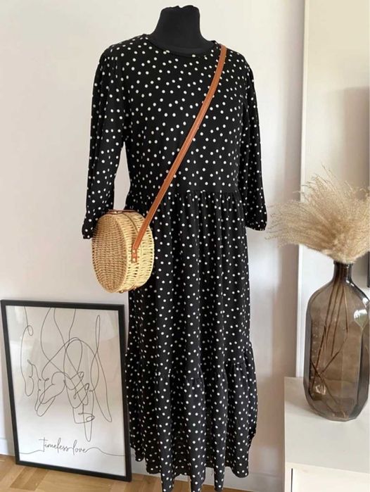 Zara czarna w biale kropki sukienka midi L/XL