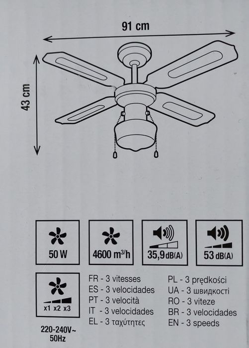 Lampa wisząca sufitowa z wentylatorem  E-27
