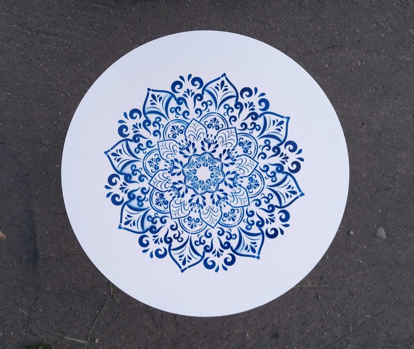 Oryginalny stolik ze szpuli drewnianej mandala śr.40 wys.39,5cm RĘKODZIEŁO