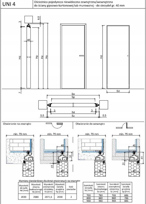 Drzwi Ukryte UNI ościeżnica aluminiowa 90 LEWE do malowania