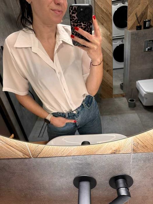 Biała przezroczysta koszula mgiełka rozpinanym z krótkim rękawem XL