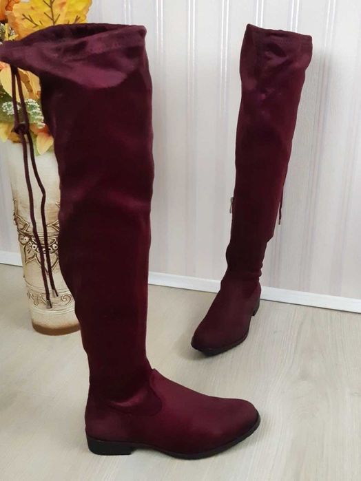 Високі сапоги чоботи ботфорти без підборів бордові (марсала), 37р