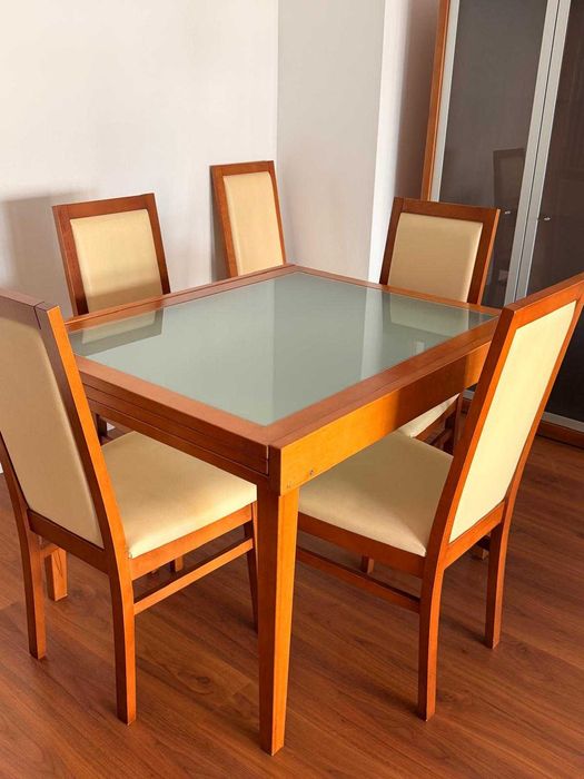 Elegante e robusto conjunto completo de móveis de sala em madeira maciça – Mesa + 4 Cadeiras + Aparador/móvel TV + 2 Cristaleiras + mesa de centro