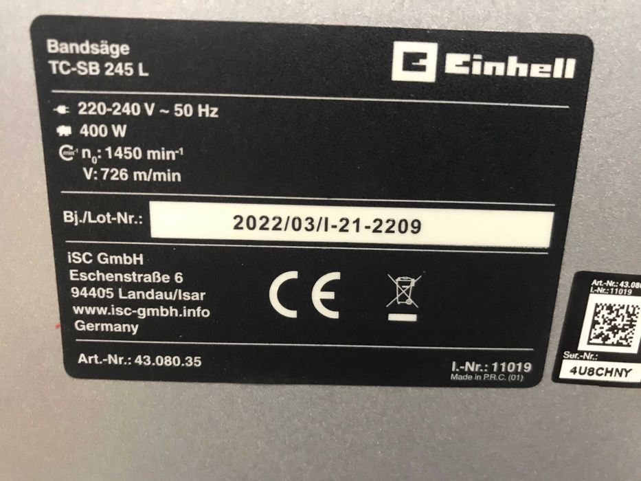 Стрічкова пила Einhell TC-SB 245 L : 400 Вт, 1450 об/хв, 726 м/хв.