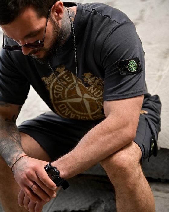 Костюм Stone Island мужской летний футболка шорты черный комплект хлопок премиум качество