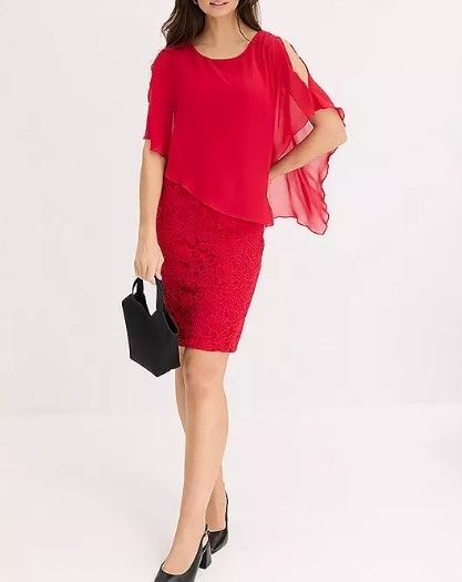 B.P.C sukienka czerwona koronkowa z szyfonową narzutką r.40