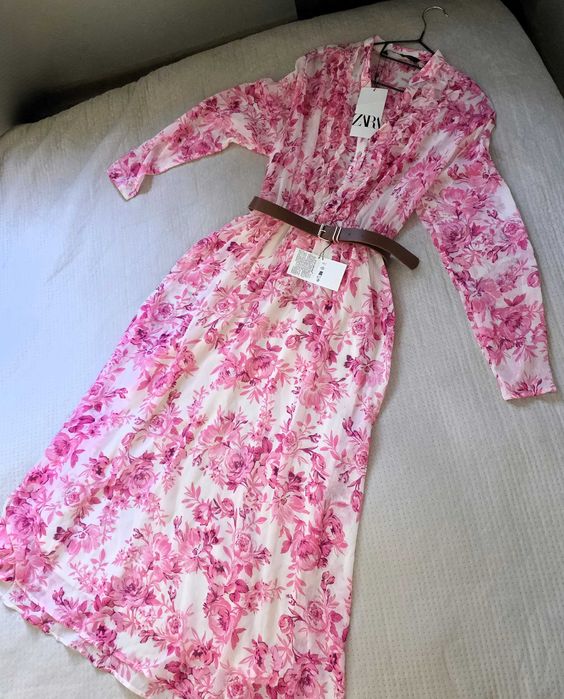 midi elegancka różowa sukienka w kwiaty z paskiem Zara S 36 falbanki koktajlowa zwiewna długi rękaw