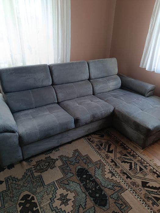 Narożnik z funkcją spania, szary Welurowy,skrzynia na pościel