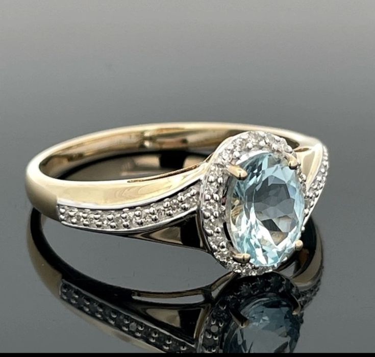 NOWY piękny złoty pierścionek z Akwamarynem i diamentami